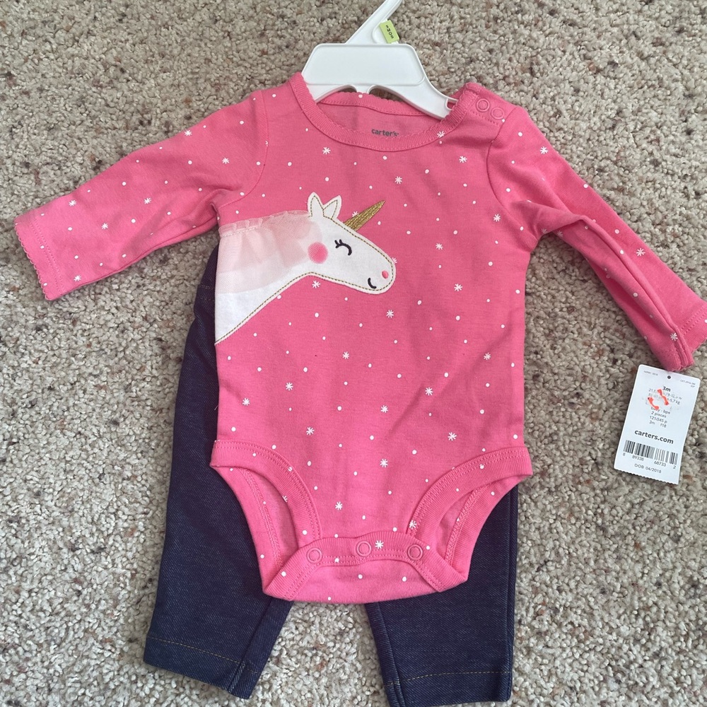 NWT Carter's Pink Bodysuit Matching Outfit with Unicorn - 3 months
